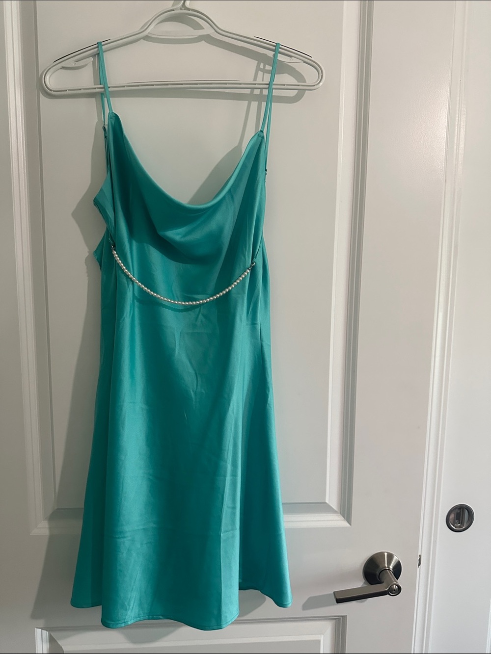 Victoria's Secret Teal Satin Slip Dress with Pearl Waist Chain